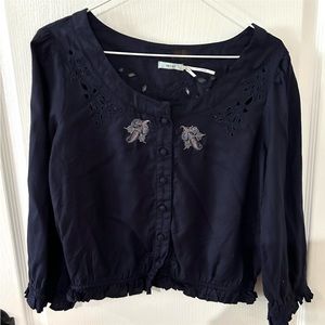Anthropologie Kimchi Blue Navy Embroidery Embellished Ruffle Top Sz M